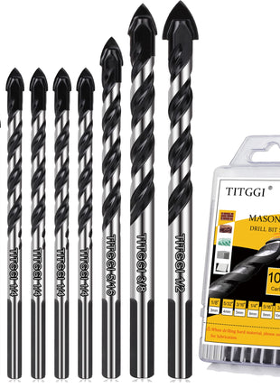 Professional Masonry Drill Bit Set (10PCS) for Glass/Brick/Plastic/Cement/Wood/Tile/Etc, Industrial Strength Carbide Drill Bit Tip, 1/8 inch-1/2 inch by TITGGI