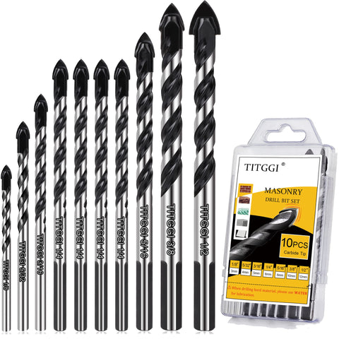 Professional Masonry Drill Bit Set (10PCS) for Glass/Brick/Plastic/Cement/Wood/Tile/Etc, Industrial Strength Carbide Drill Bit Tip, 1/8 inch-1/2 inch by TITGGI