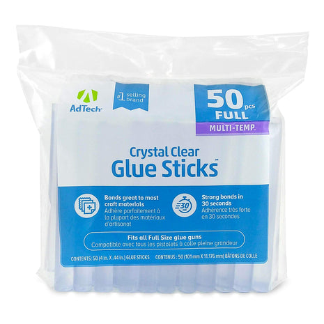 AdTech Crystal Clear Hot Glue Gun Sticks (W220-14ZIP50) – Full Size Hot Glue Sticks. All-purpose glue sticks for crafting, scrapbooking & more. 50 pieces. Length: 4" Diameter: .44".