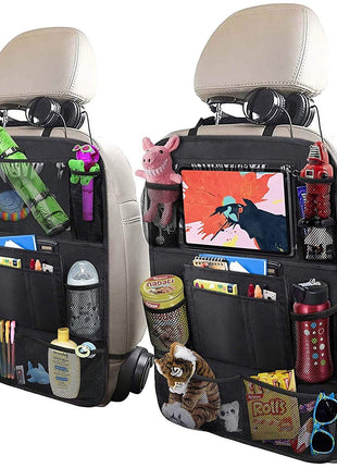 ULEEKA Car Backseat Organizer with 10 inch Table Holder, 9 Storage Pockets Seat Back Protectors Kick Mats for Kids Toddlers, Travel Accessories, 2 Pack