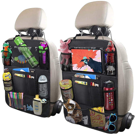 ULEEKA Car Backseat Organizer with 10 inch Table Holder, 9 Storage Pockets Seat Back Protectors Kick Mats for Kids Toddlers, Travel Accessories, 2 Pack
