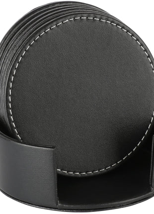 Set of 6 Round Leather Bar Coasters for Drinks with Holder (Black) | Waterproof Non-Slip Heat Resistant Cup Mats for Coffee Table, Bar, Kitchen & Office, Protect Furniture from Watermark