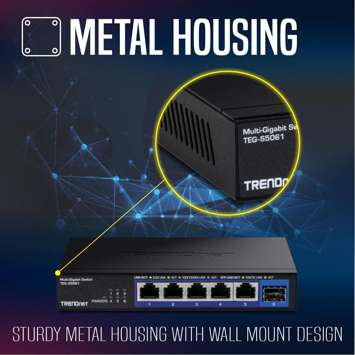 TRENDnet 6-Port Unmanaged 2.5G Switch with 10G SFP+Port, TEG-S5061, 5 x 2.5GBASE-T Ports, 45Gbps SwitchingCapacity, Fanless, Wall Mountable,Lifetime Protection,Black