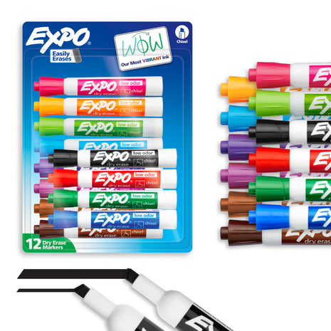 EXPO Dry Erase Markers, Low Odor Ink, Assorted Colors, Chisel Tip, 12 Count