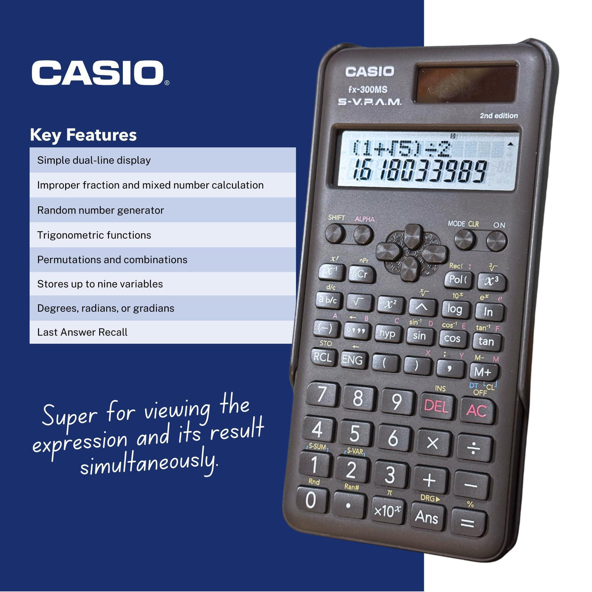 Casio fx-300MS Plus 2nd Edition – Standard Scientific Calculator with 2-Line Display | 10-Digit LCD, Trig, Stats, Fractions | Ideal for High School Algebra, Trigonometry & Test Prep