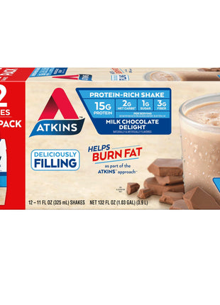 Atkins Milk Chocolate Delight High Protein Shake, 15g Protein, 12 Count | 15g Protein, 3g Fiber, 2g Net Carb, 1g Sugar, Chocolate Flavored, Keto Friendly, Ready to Drink, 12 Count