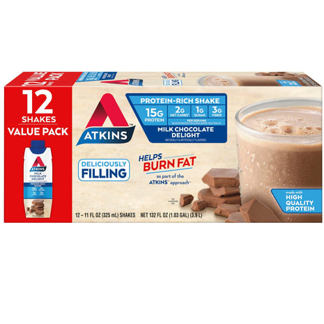 Atkins Milk Chocolate Delight High Protein Shake, 15g Protein, 12 Count | 15g Protein, 3g Fiber, 2g Net Carb, 1g Sugar, Chocolate Flavored, Keto Friendly, Ready to Drink, 12 Count