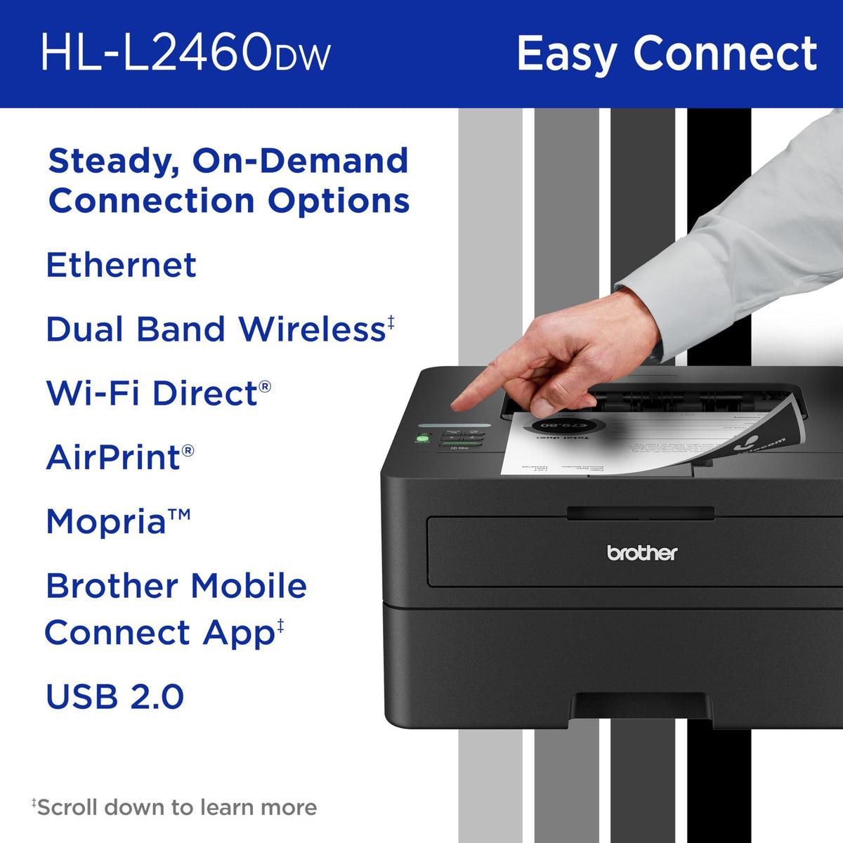Brother HL-L2460DW Wireless Compact Monochrome Laser Printer with Duplex, Mobile Printing, Black & White Output | Includes Refresh Subscription Trial(1), Works with Alexa
