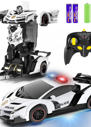 FDJ Remote Control Car - Transform Toys Car Robot, One Button Deformation to Robot with Flashing Light, 2.4Ghz 1:18 Scale Transforming Police Car Kids Toys with 360 Degree Rotating, Girls Boys Toys