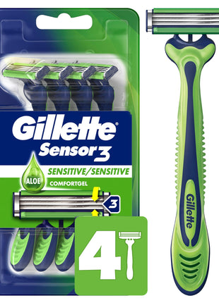 Gillette Sensor3 Sensitive Men's Disposable Razor, 4 Razors