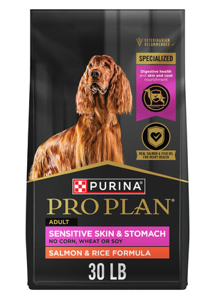 Purina Pro Plan Sensitive Skin and Stomach Dog Food Dry, Adult Salmon & Rice Formula, Digestive Health - 30 lb. Bag