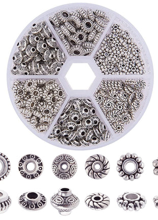 PH PandaHall 300pcs 6 Style Antique Silver Spacer Beads, Tibetan Metal Alloy Tube Spacers Flower Flat Rondelle Small Loose Beads for Bracelet Necklace Earring Jewelry Making Supplies