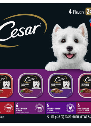 Cesar Wet Dog Food Classic Loaf in Sauce Beef Recipe, Filet Mignon, Grilled Chicken and Porterhouse Steak Variety Pack, 3.5 oz. Easy Peel Trays (24 Count, Pack of 1)
