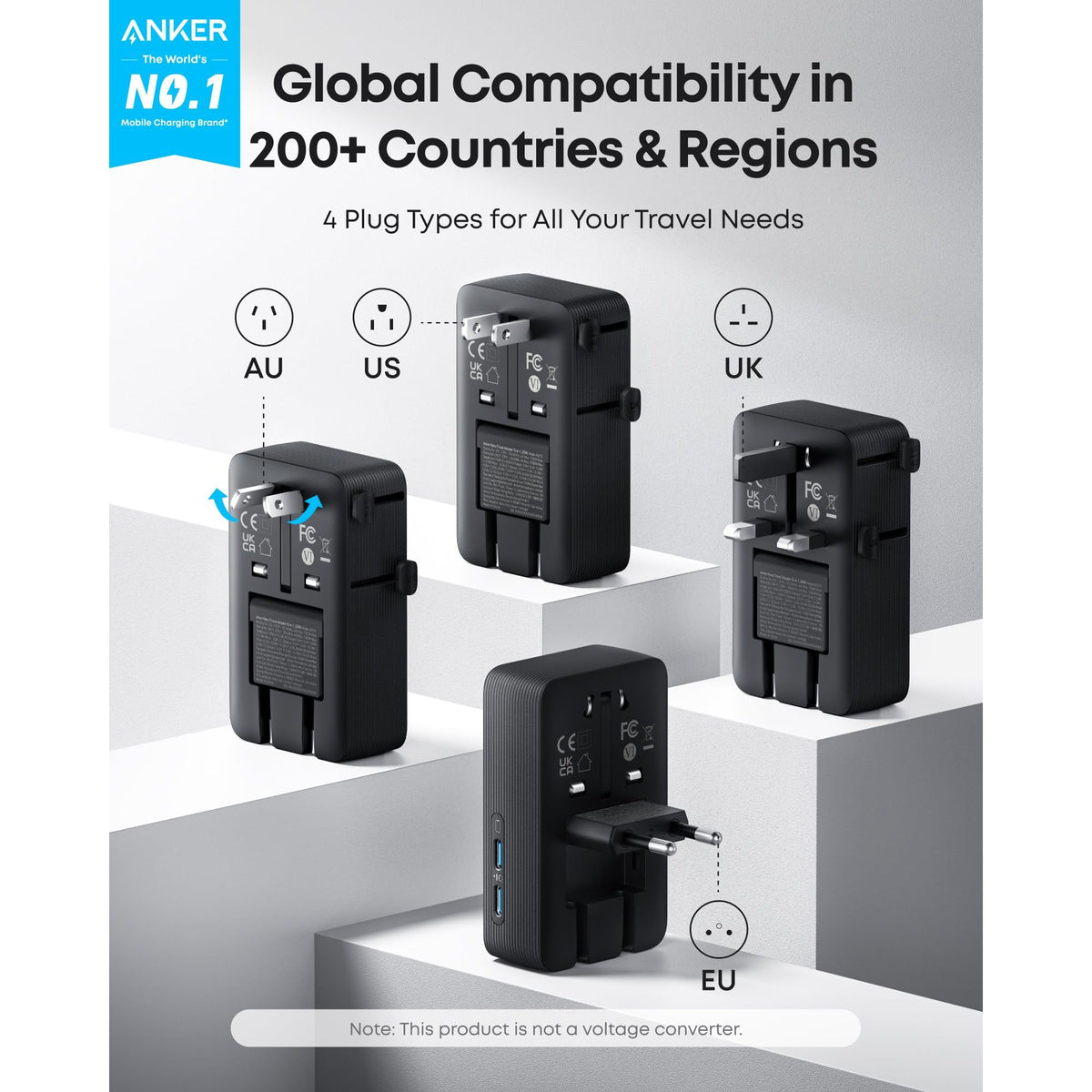 Anker Nano Travel Adapter, 5-Port Power Adapter with 1 AC, 2 USB-A, and 2 USB-C Ports, Smart Temperature Control, Compatible with Over 200 Countries, Ideal for Travel (1-Pack)