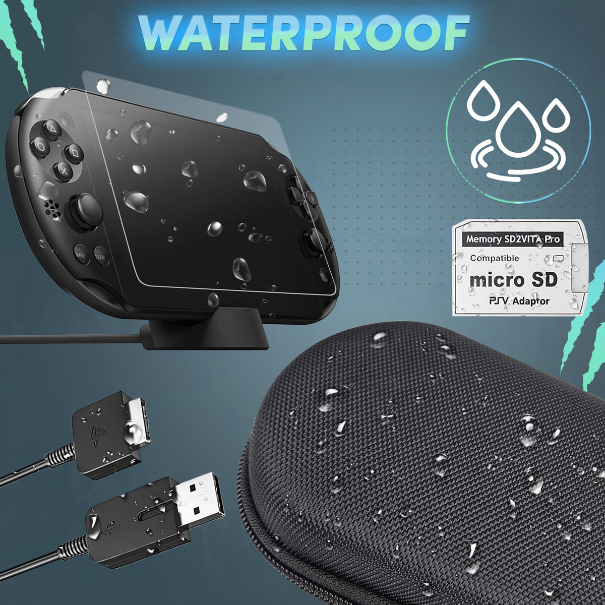 Skywin Four-in-One Kit For PS Vita 2000 Includes PS Vita Case, Front and Back Protector, Adapter Charger Cable, and Micro SD Memory Card, Compatible with PS Vita 2000 Slim, Carrying Case,Travel Pouch