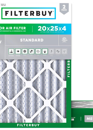 Filterbuy 20x25x4 Air Filter MERV 8 (MPR 700) Dust Defense Replacement (2-Pack), Electrostatic Pleated HVAC AC Furnace Filters, Made in USA (Actual Size: 19.50 x 24.50 x 3.63)
