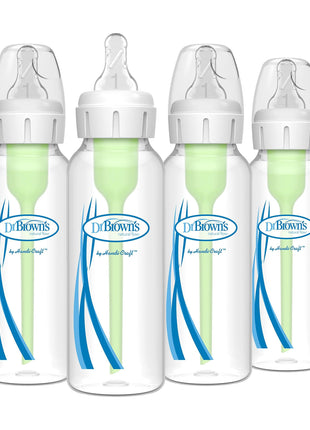 Dr. Brown's Natural Flow Anti-Colic Options+ Narrow Baby Bottle, 8 oz/250 mL, with Level 1 Slow Flow Nipples, 0m+, 4 Pack