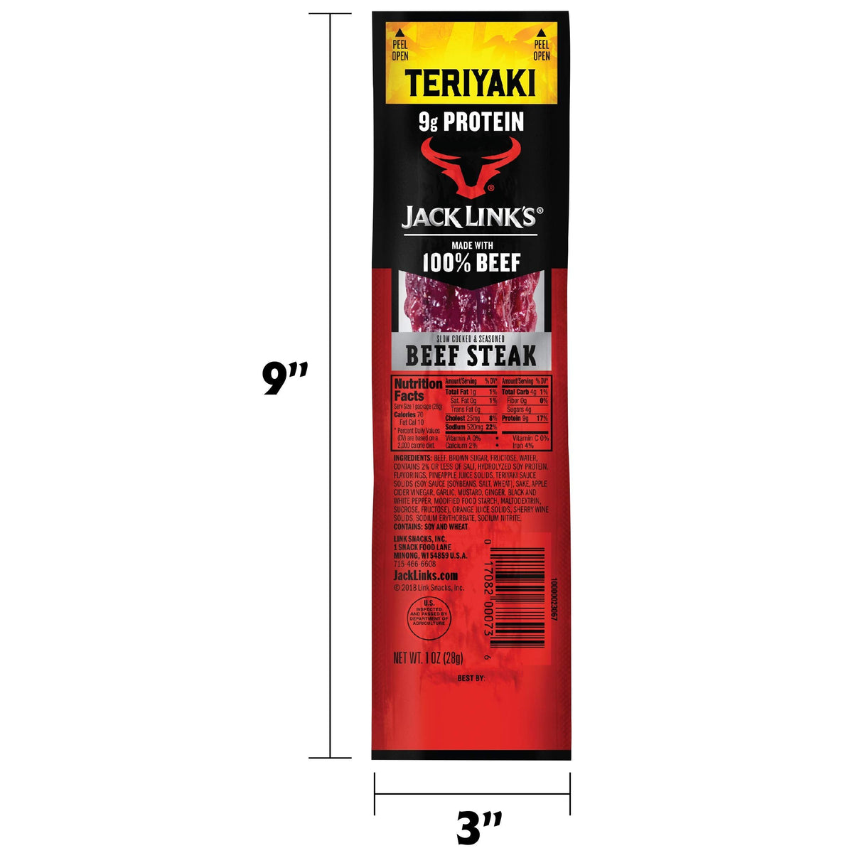 Jack Link's Beef Steak, Teriyaki - Protein Snacks, Meat Snack with 9g of Protein, Made with 100% Beef, Individually Wrapped Bulk Snack Pack, Keto Friendly - 1 Oz. (12 Count)