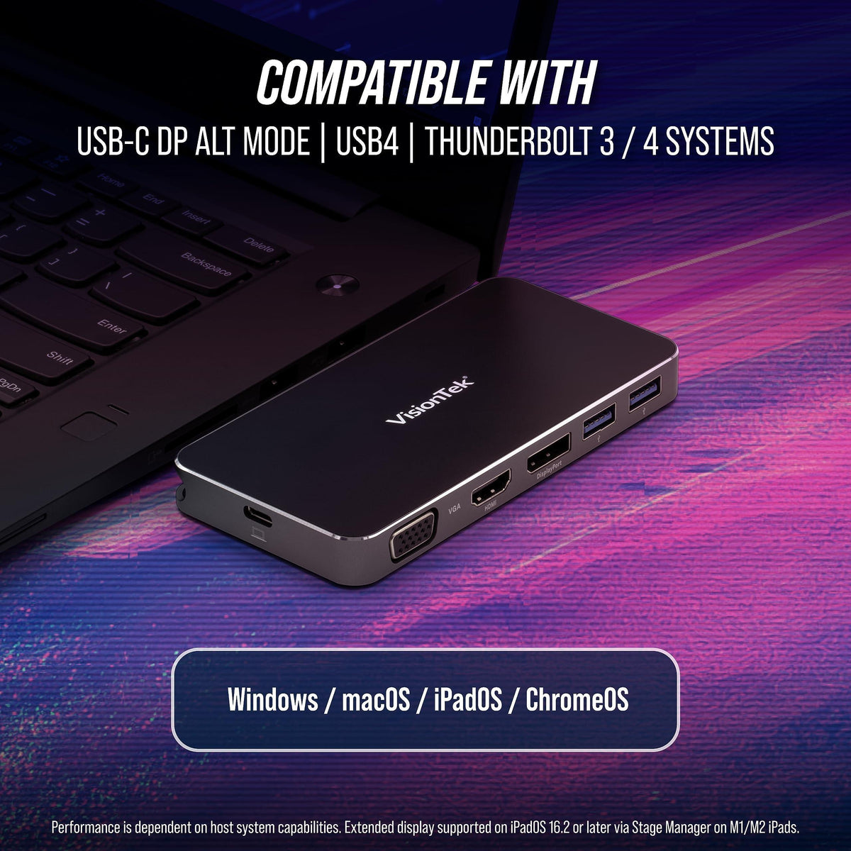 VisionTek VT200 Portable USB-C Dual Monitor Hub - 1x DP, 1x HDMI, 1x VGA, 2X USB-A Ports, 1x USB-C for Windows/MacOS/ChromeOS/iOS