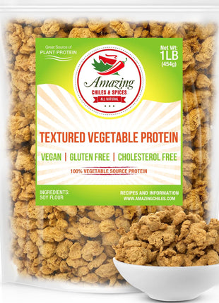 Textured Vegetable Protein (TVP), Unflavored, 1 lb. Bag, Natural Plant Based Vegan Protein Chunks, Non-GMO and Gluten Free Crumbles, Cholesterol Free by Amazing Chiles