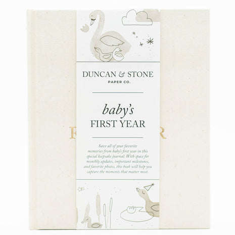 Duncan & Stone Baby Book First Year Memory Keepsake, Linen, Cream | Record milestones, photos & ultrasounds in a 112-page linen baby book; a boy or girl new mom keepsake gift