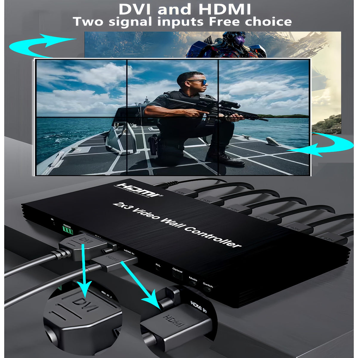 Video Wall Controller 2x3 1080P HDMI Video Wall Controller 2x2 2×1 1x2 3x2 1×6 6×1 5×1 4×1 14 Splicing Modes 1HDMI/1DVI in 6HDMI Out TV Wall Splicing Processor Support IR RS232 3.5mm Audio Out etc