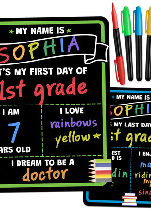 First Day of School Sign Board with Liquid Chalk Markers - 14 inchx11 inch Double-Sided & Reusable - My First and Last Day - Back to School Supplies Board for Kindergarten, Preschool