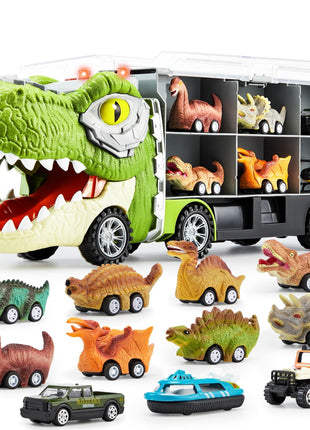 JOYIN 13 in 1 Dinosaur Toys for Kids 3-5, Transport Dinosaur Carrier Truck with 12 Pull Back Cars, Toddler Toys 3-4, Birthday Gifts for 3 4 5+ Year Old Boys