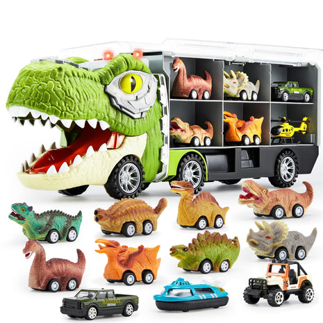 JOYIN 13 in 1 Dinosaur Toys for Kids 3-5, Transport Dinosaur Carrier Truck with 12 Pull Back Cars, Toddler Toys 3-4, Birthday Gifts for 3 4 5+ Year Old Boys