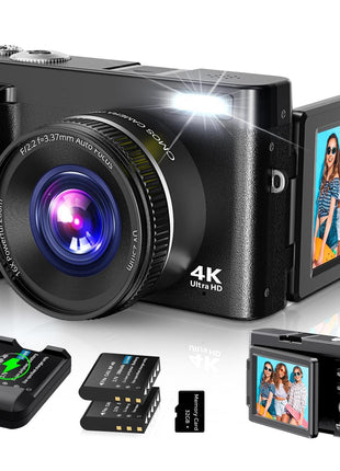 4K Digital Camera for Photography Autofocus, 2026 Latest 48MP Vlogging Camera for YouTube with SD Card, 2 Batteries, 3" 180°Flip Screen Compact Travel Camera for Teens with 16X Zoom,Black