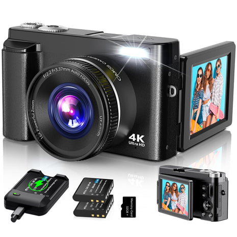 4K Digital Camera for Photography Autofocus, 2026 Latest 48MP Vlogging Camera for YouTube with SD Card, 2 Batteries, 3" 180°Flip Screen Compact Travel Camera for Teens with 16X Zoom,Black