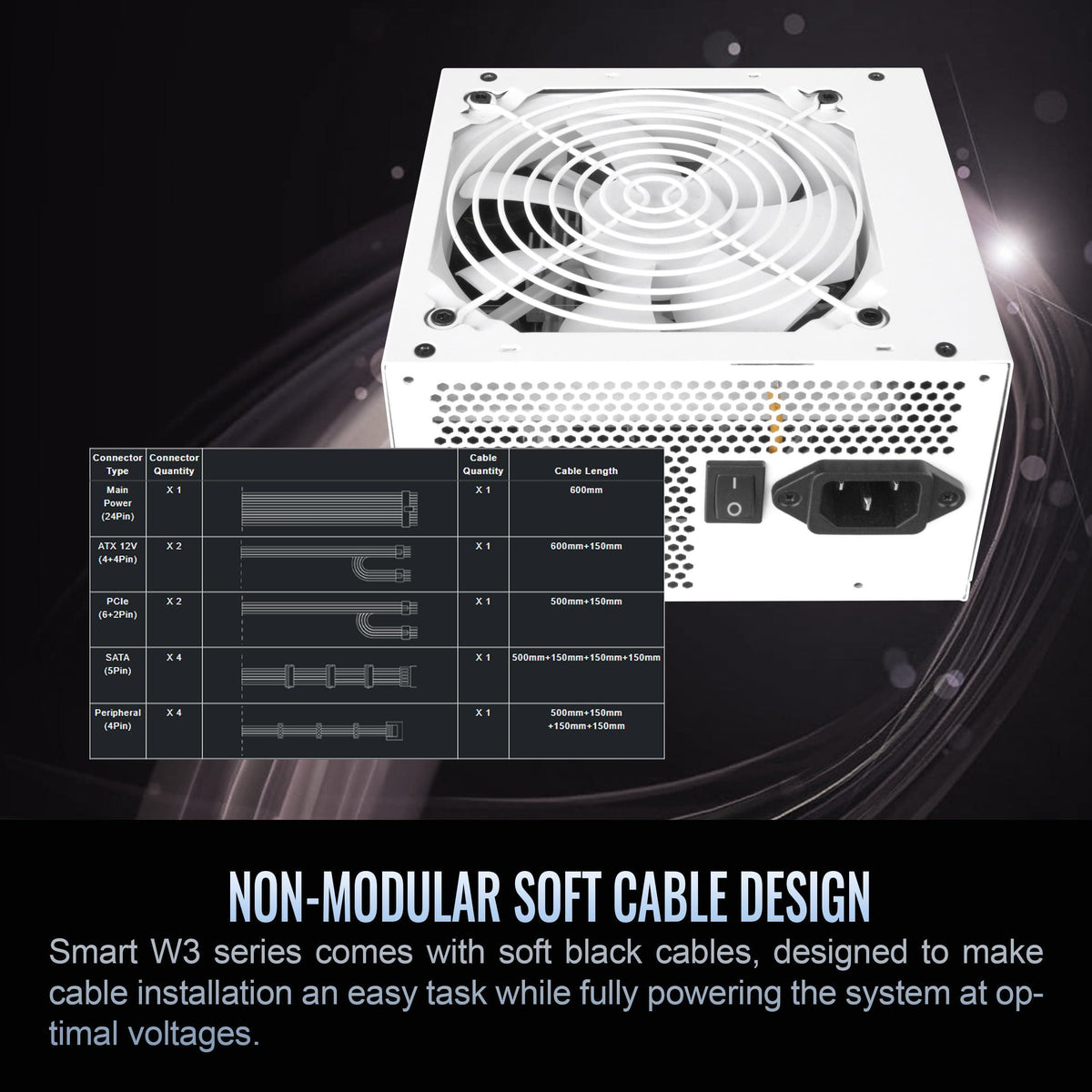 Smart W3 Series Snow Edition 80Plus Certified 700W Power Supply; ATX v3.1 Spec; 120mm FDB Fan; PS-SPW-0700NNFAWU-W; 5 Year Warranty