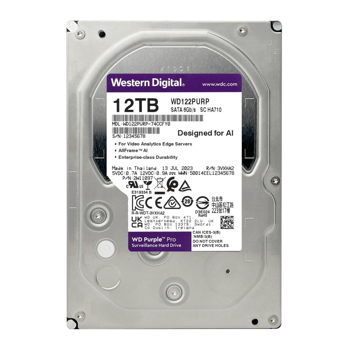 Western Digital 12TB WD Purple Pro Surveillance Internal Hard Drive HDD - SATA 6 Gb/s, 512 MB Cache, 3.5" - WD122PURP