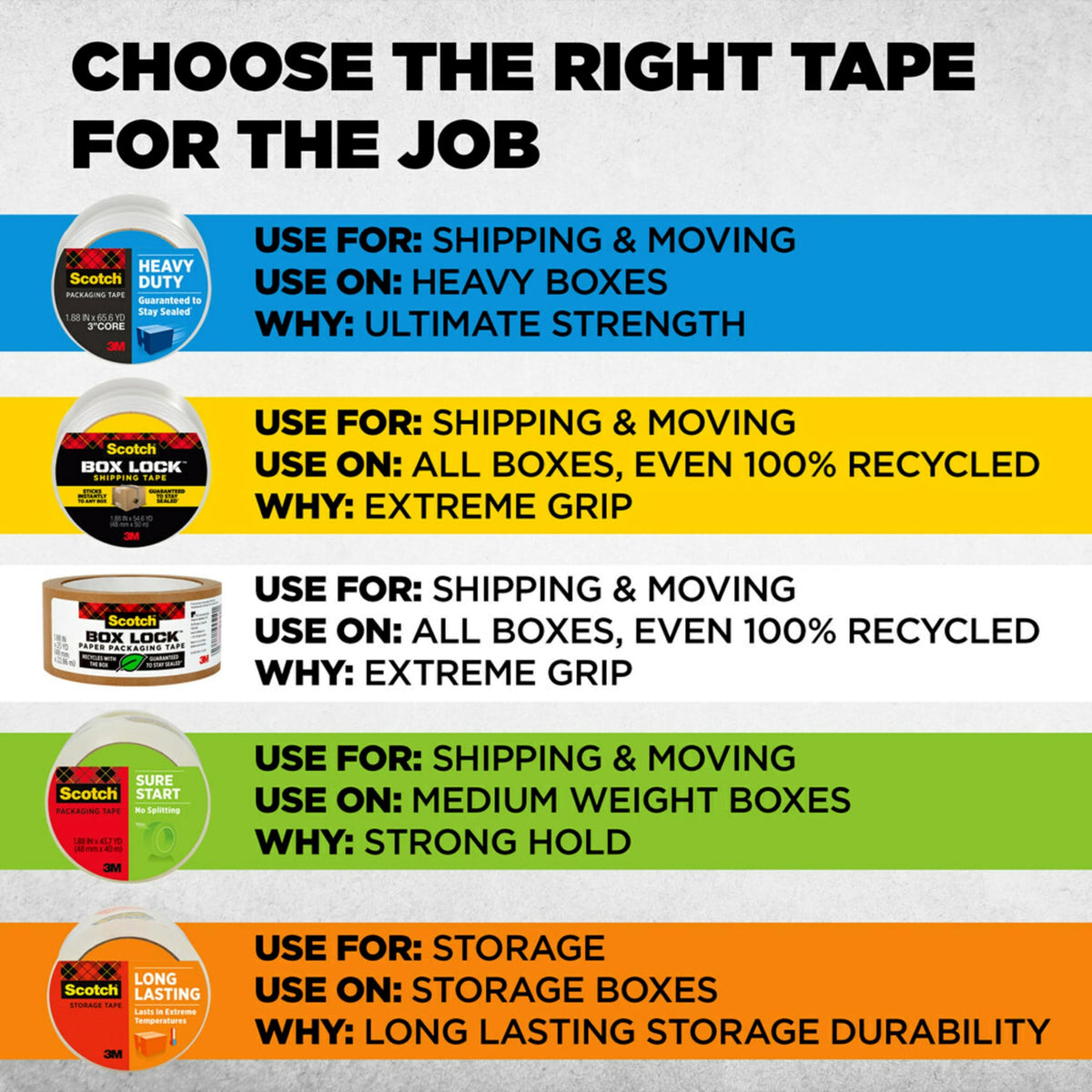 Scotch Box Lock Packing Tape, Clear, Extreme Grip Box Packaging Tape for Shipping and Mailing, 1.88 in. x 22.2 yd., 6 Rolls with Dispensers