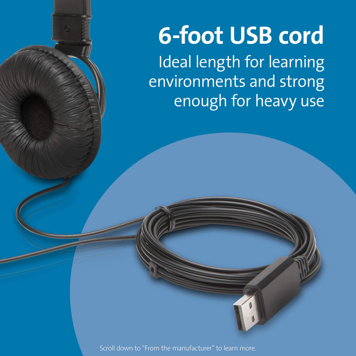 Kensington USB-A Hi-Fi Headphones, On-Ear Headset, 6ft Cord, for Kids, for Adults, for School, Padded Adjustable Headband (K97600WW), Black