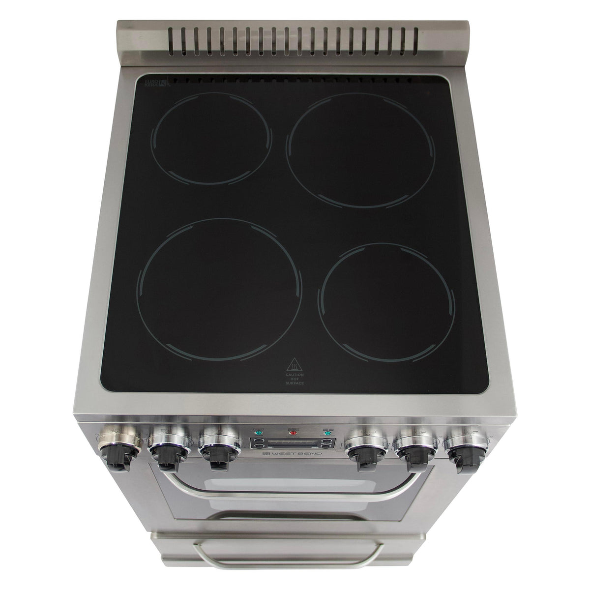 West Bend WB200ERPSS 20-Inch Electric Range, Compact Design, Top with 4 Cooking Zones, Glass Oven Door, Storage Drawer, and Rotisserie Accessories, 2.0 Cu. Ft, Stainless Steel, Metallic