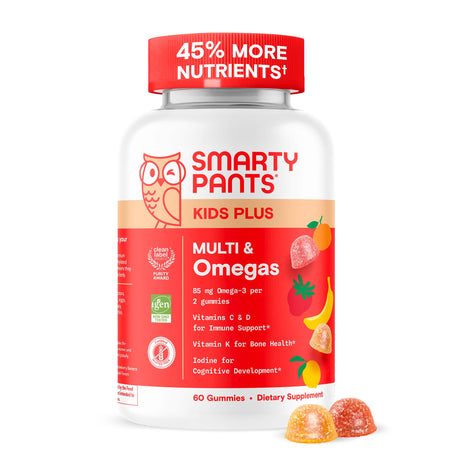 SmartyPants Kids Multivitamin Gummies with Omega 3 DHA/EPA, Vitamins D3, C, B12, B6, A, K, and Zinc, Gluten Free, Clean Label, Three Fruit Flavors, 60 Gummies (30 Day Supply)