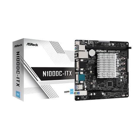 ASRock N100DC-ITX Mini-ITX Motherboard - Intel N100 Quad-Core (3.4GHz), DDR4, HDMI/D-Sub, Dual M.2 (NVMe/WiFi), SATA3, USB 3.2, Gigabit LAN, 19V DC Power