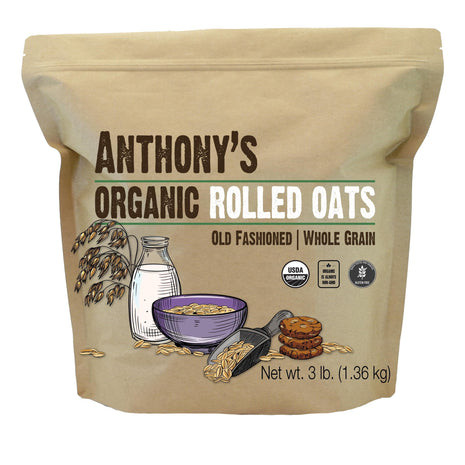 Anthony's Organic Rolled Oats, 3 lb, Gluten Free, Non GMO, Old Fashioned, Whole Grain