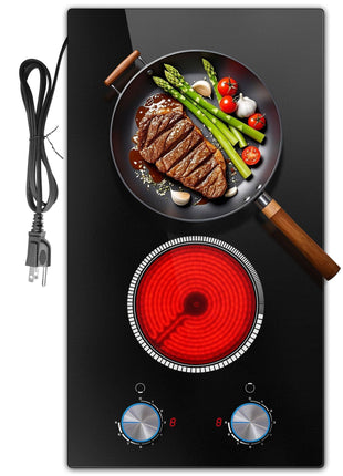 2 Burner Electric Cooktop 110V, Knob 12 Inch Electric Stove Top | 120V Stove Top Burner Knob Control, 2000W Countertop Stove, Timer, 9 Heating Levels, Overheat Protection, High-Temp Alarm