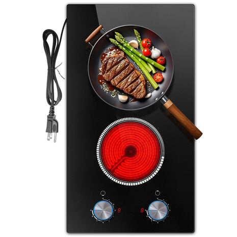 2 Burner Electric Cooktop 110V, Knob 12 Inch Electric Stove Top | 120V Stove Top Burner Knob Control, 2000W Countertop Stove, Timer, 9 Heating Levels, Overheat Protection, High-Temp Alarm