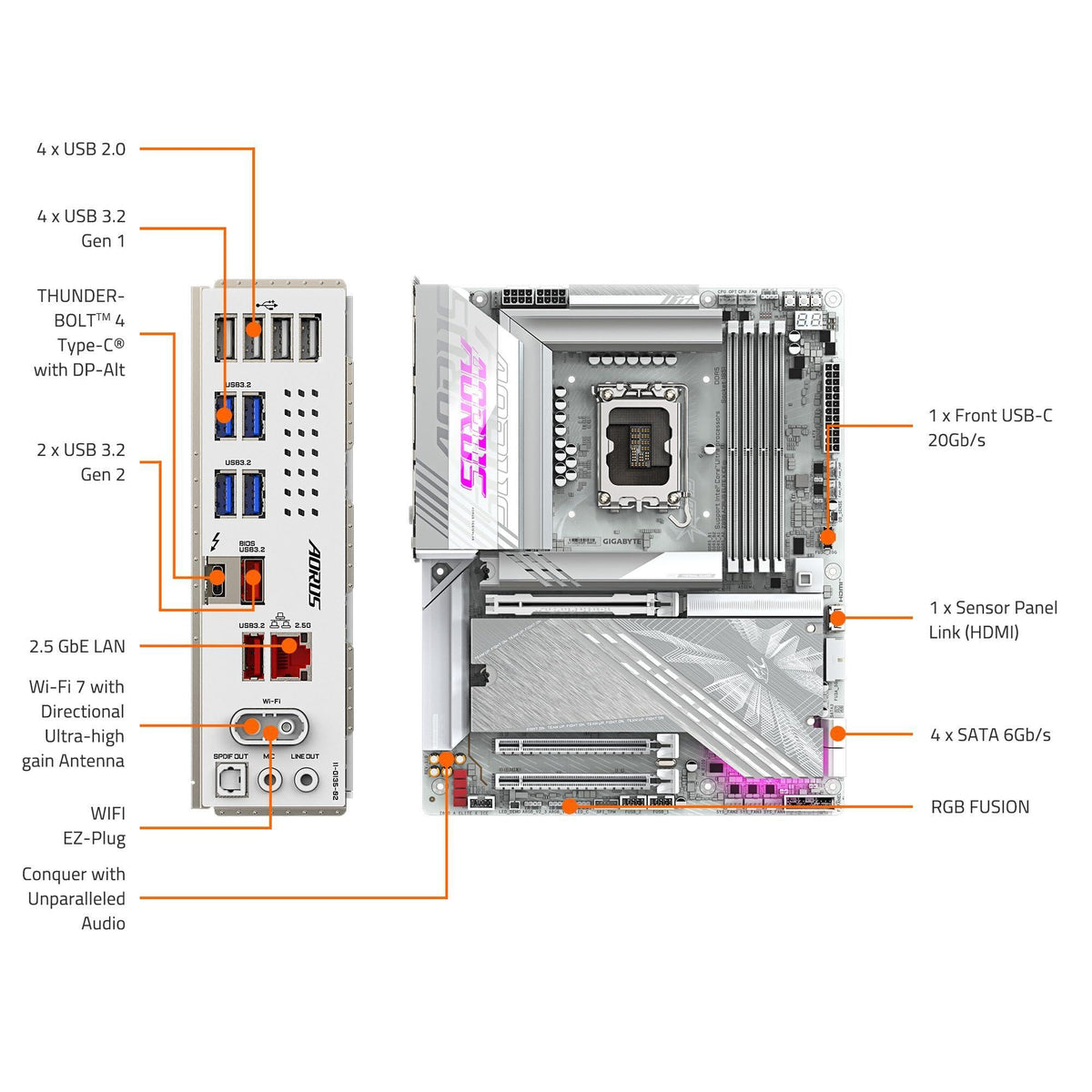 GIGABYTE Z890 AORUS Elite X ICE Intel Core Ultra (Series 2) LGA 1851 Motherboard, ATX, DDR5, 5X M.2, PCIe 5.0, Thunderbolt 4, WIFI7, 2.5GbE LAN, EZ-Latch