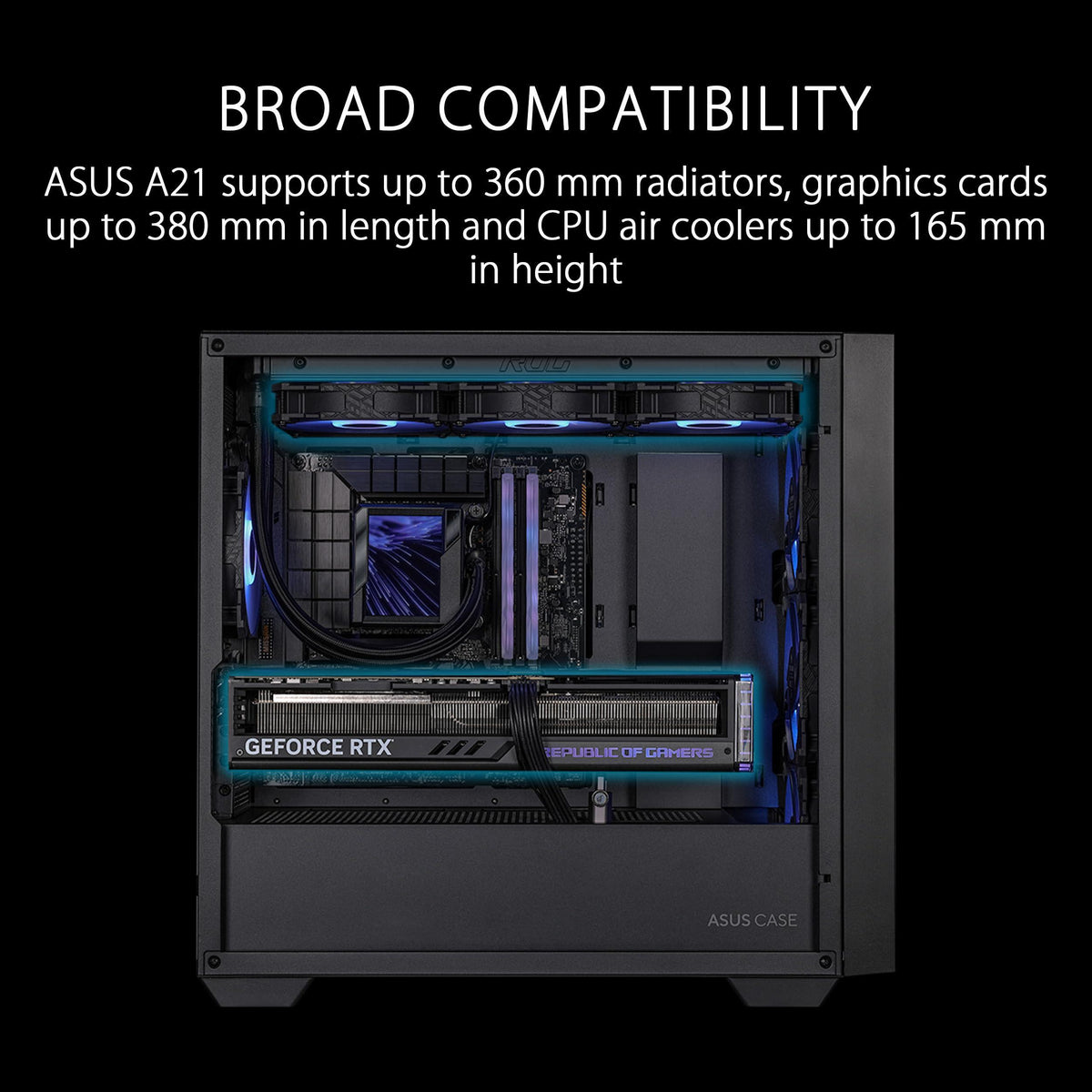 ASUS A21 Micro-ATX Case Black Edition Supports Graphics Cards up to 380mm, 360mm Coolers, & Standard ATX PSUs, Porous Front-Panel Mesh, Compatible with New BTF Hidden Connector Technology