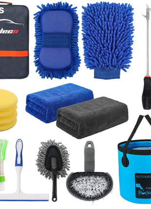 AUTODECO 22Pcs Car Wash Cleaning Tools Kit Car Detailing Set with Blue Canvas Bag Collapsible Bucket Wash Mitt Sponge Towels Tire Brush Window Scraper Duster Complete Interior Car Care Kit
