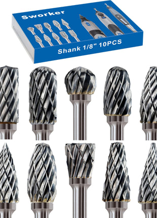 Sworker 10 Pcs Carbide Burr Set 1/8" Shank Compatible with Dremel Milwaukee Bits Rotary Tools Attachment Kit Rasp Drill File Accessories Metal Wood Stone Steel Grinding Carving Cutting Polishing