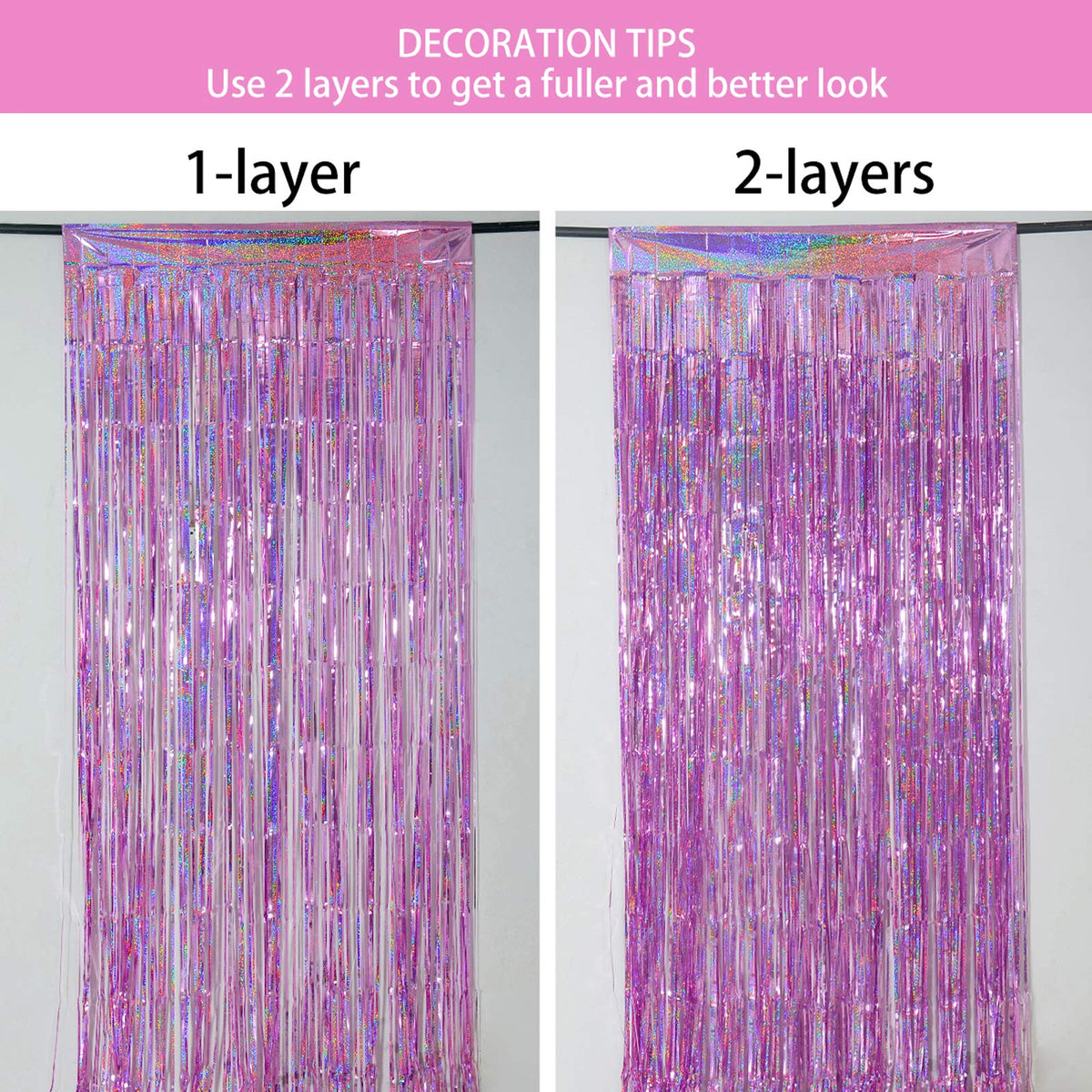 Melsan 2 Pack 3.2 ft x 8.2 ft Tinsel Foil Fringe Curtains Backdrop, Sparkle Metallic Foil Curtains for Party Photo Booth Props Decoration, Pinkish Purple