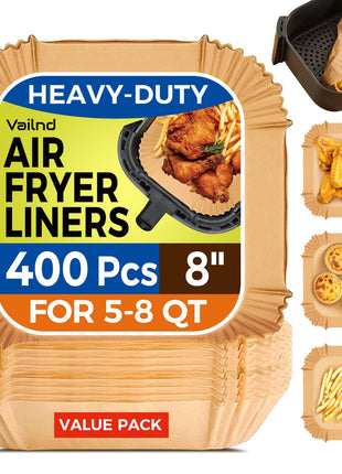 400 Pcs Air Fryer Liners Disposable, 8 inch Square Heavy-Duty Parchment Paper for 5-8 qt Airfryer Basket, Non-Stick & Grease-Proof Baking Liner for Oven Pan