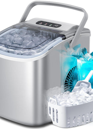 Crzoe Countertop Ice Maker,26Lbs/24H, 2 Sizes of Ice, Self-Cleaning,Grey | 8 Bullet-Shaped Ice Cubes Ready in 6 Mins, Portable Ice Machine with Ice Scoop and Basket for Home/Kitchen