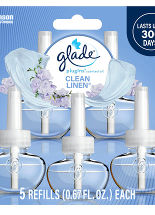 Glade PlugIns Refills Air Freshener, Scented and Essential Oils for Home and Bathroom, Clean Linen, 3.35 Fl Oz, 5 Count