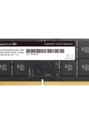TEAMGROUP Elite SODIMM DDR5 32GB 5600Mhz (PC5-44800) CL46 Non-ECC Unbuffered 1.1V 262 Pin Laptop Memory Module Ram - TED532G5600C46A-S01